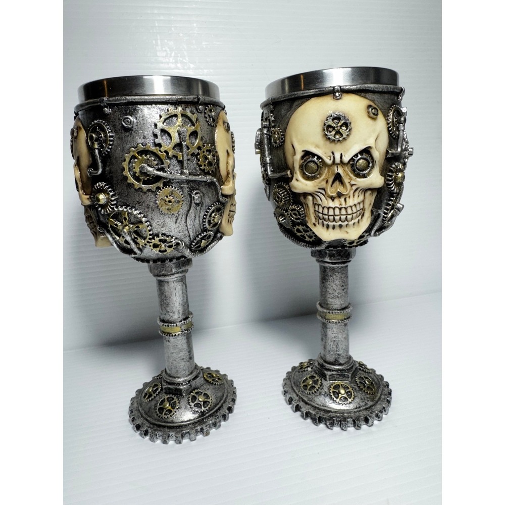 Steampunk Skull Wine Goblet Set of 2 Mechanical Gearwork Skeleton Chalice 7.5 In - Picture 8 of 8